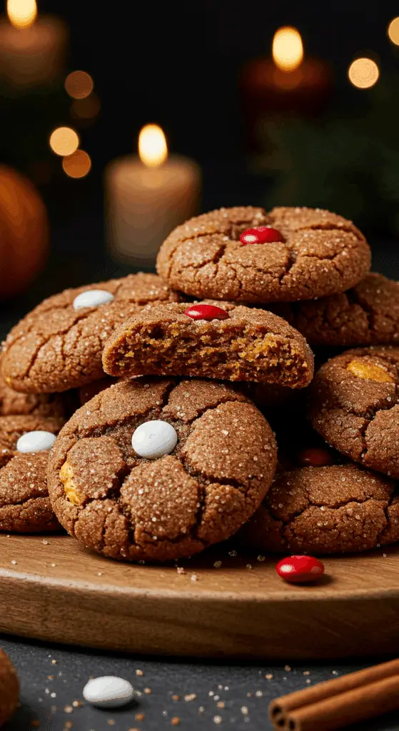 A beautiful, rustic platter of homemade, festive, and chewy "Nana's" Spicy Pumpkin Chocolate Cookies, with one broken in half to show the tender, chewy, and chocolate-chip-studded interior.