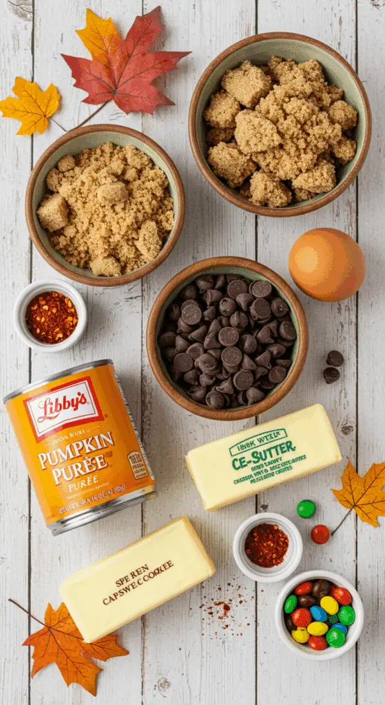 The simple, from-scratch ingredients for the classic and impressive Holiday "Nana's" Spicy Pumpkin Chocolate Cookies.
