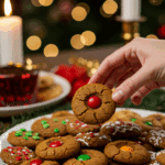 The impressive, homemade platter of beautiful and festive "Nana's" Spicy Pumpkin Chocolate Cookies being served as the centerpiece on a cookie platter at a sophisticated Christmas party.