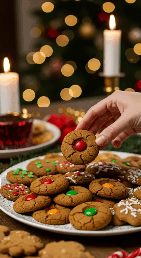 The impressive, homemade platter of beautiful and festive "Nana's" Spicy Pumpkin Chocolate Cookies being served as the centerpiece on a cookie platter at a sophisticated Christmas party.