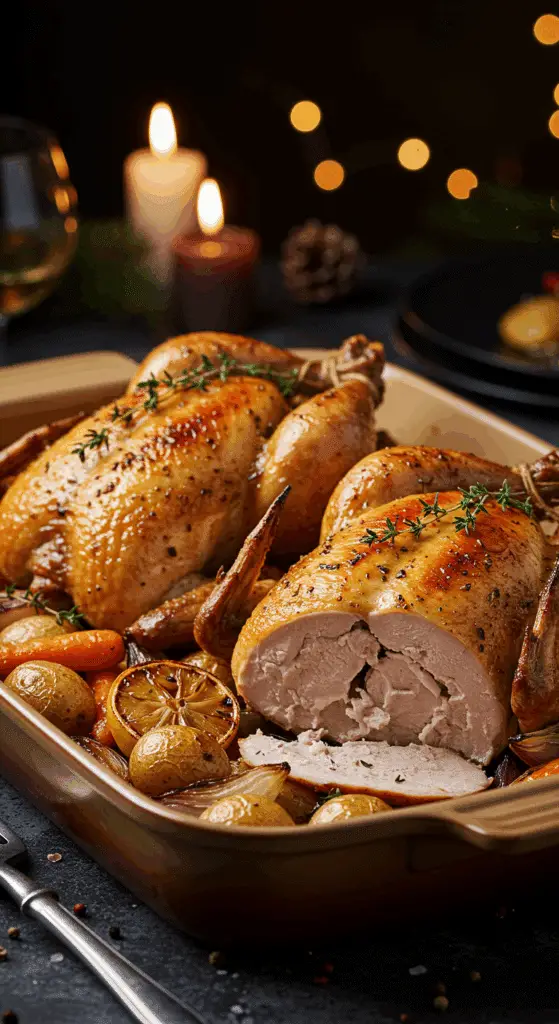 A beautiful, rustic baking dish with two homemade, juicy, and impressive Roasted Cornish Hens, with crispy, golden-brown skin, served on a bed of roasted root vegetables.