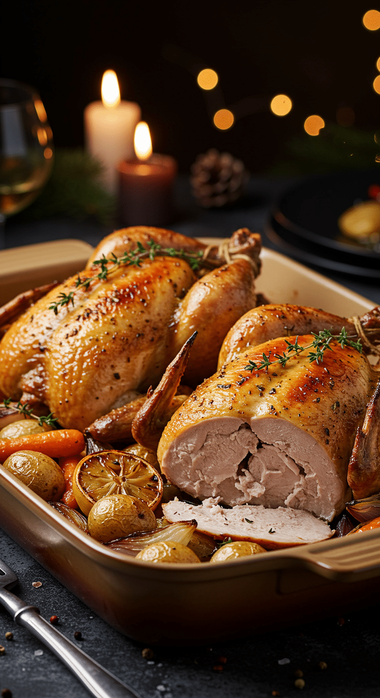 A beautiful, rustic baking dish with two homemade, juicy, and impressive Roasted Cornish Hens, with crispy, golden-brown skin, served on a bed of roasted root vegetables.