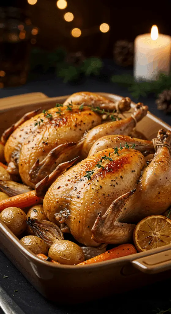 A beautiful, rustic baking dish with two homemade, juicy, and impressive Roasted Cornish Hens, with crispy, golden-brown skin, served on a bed of roasted root vegetables.