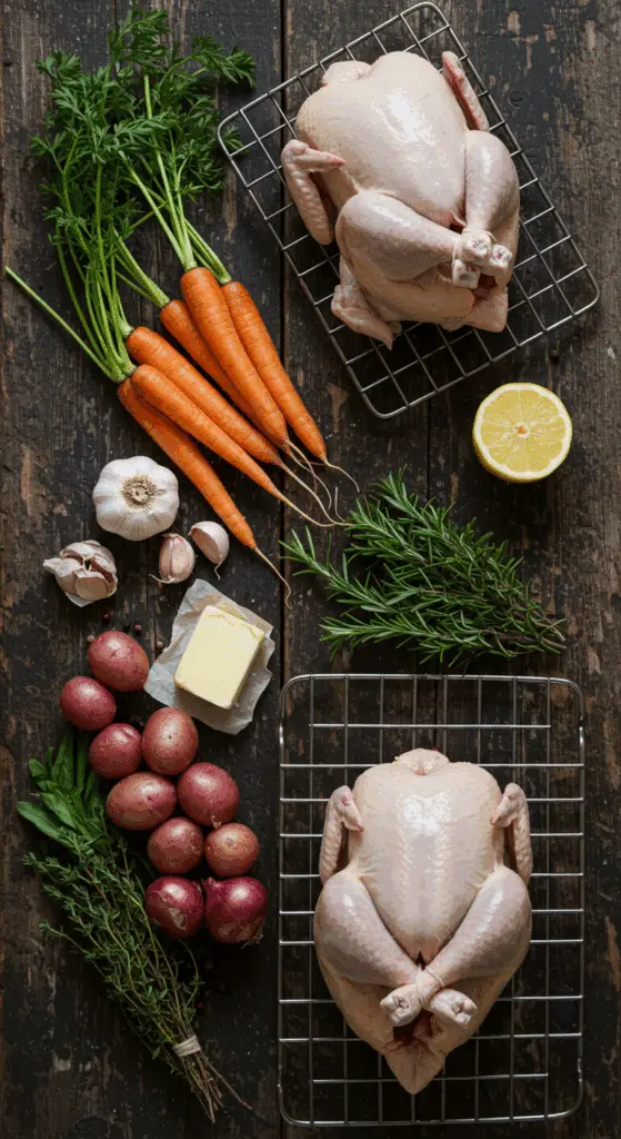 The simple, from-scratch ingredients for the classic and impressive Holiday Roasted Cornish Hens.