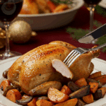 A beautiful plate of a homemade, elegant, and golden-brown Roasted Cornish Hen, being served with caramelized root vegetables at a Christmas dinner.