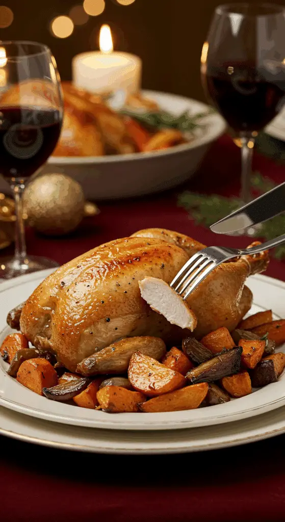 A beautiful plate of a homemade, elegant, and golden-brown Roasted Cornish Hen, being served with caramelized root vegetables at a Christmas dinner.