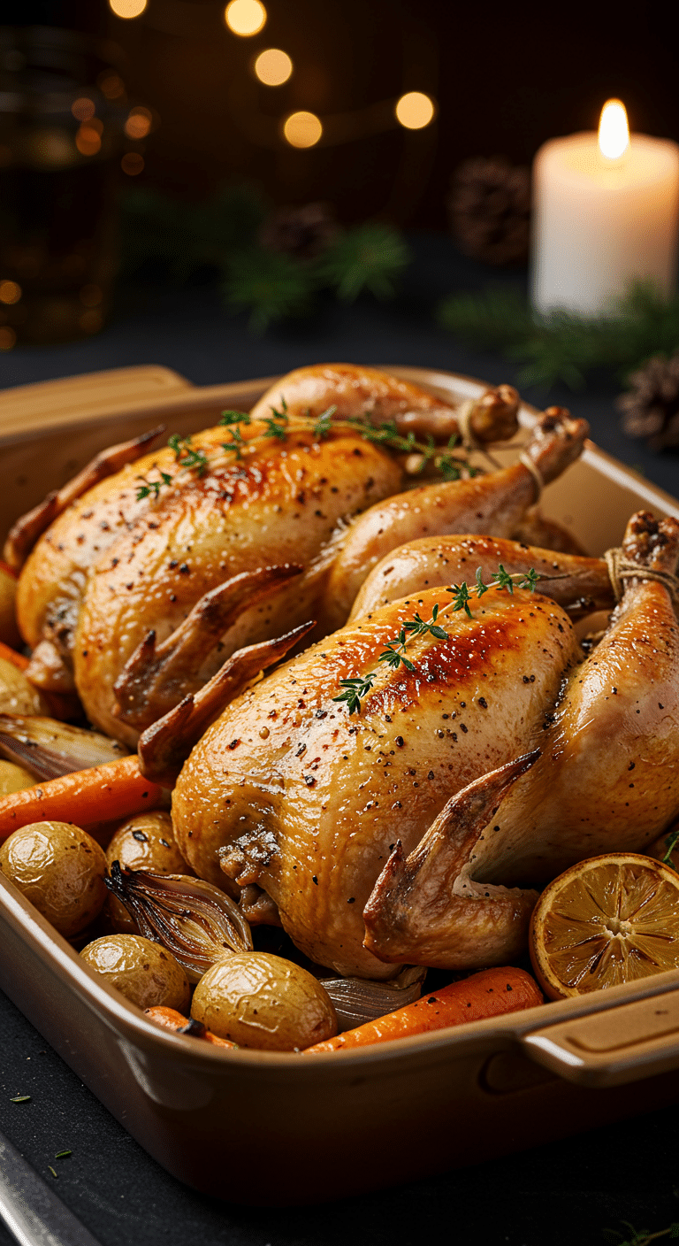 A beautiful, rustic baking dish with two homemade, juicy, and impressive Roasted Cornish Hens, with crispy, golden-brown skin, served on a bed of roasted root vegetables.