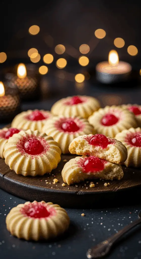 A beautiful, rustic platter of homemade, festive, and buttery "Granny's" Shortbread Cookies, with one broken in half to show the tender, crumbly interior and the red cherry top.