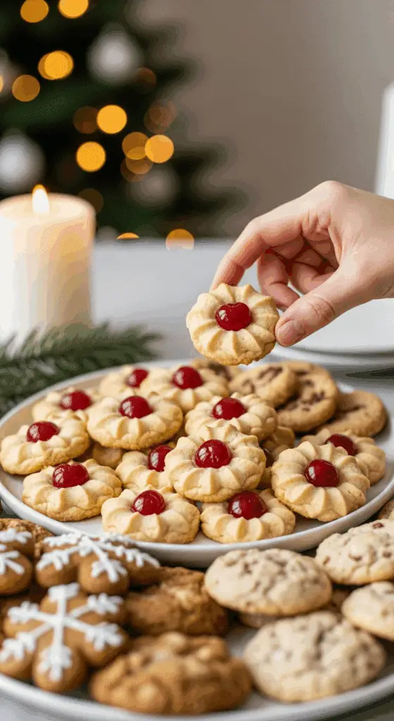 The impressive, homemade platter of beautiful and festive "Granny's" Shortbread Cookies being served as the centerpiece on a cookie platter at a sophisticated Christmas party.
