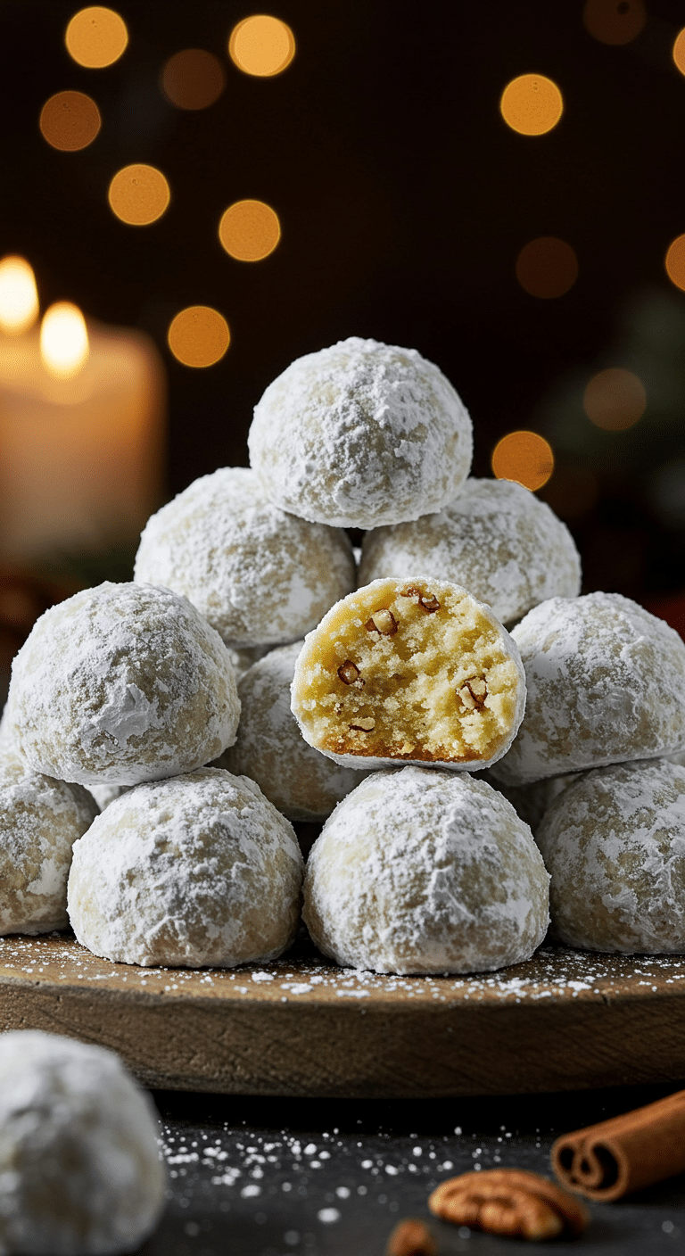 A beautiful, rustic platter of homemade, festive, and powdery Snowball Cookies, with one broken in half to show the tender, buttery, and pecan-studded interior.