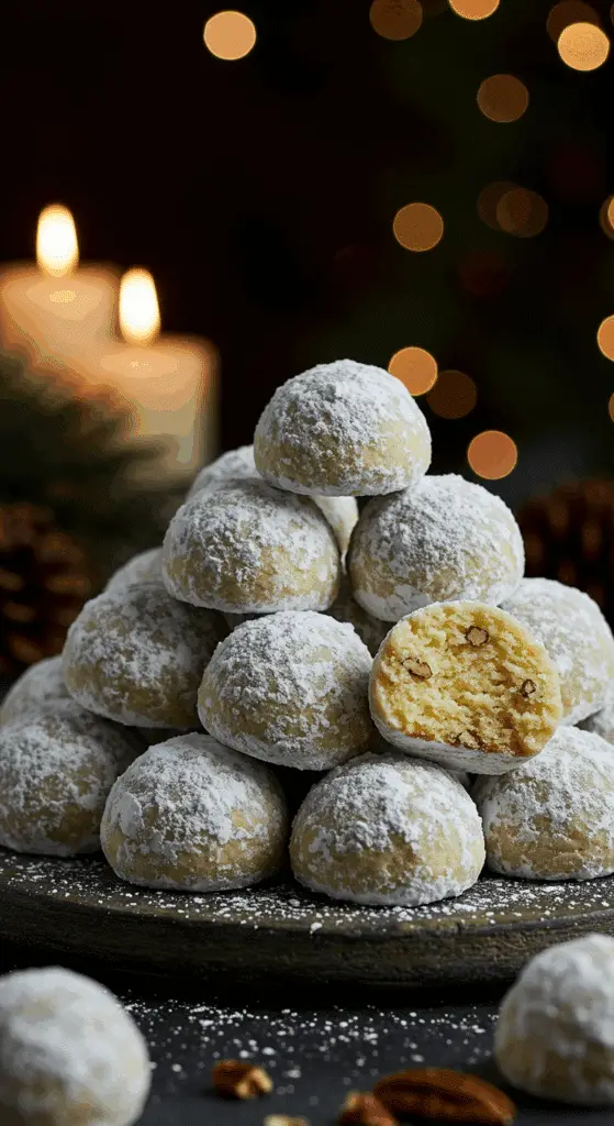 A beautiful, rustic platter of homemade, festive, and powdery Snowball Cookies, with one broken in half to show the tender, buttery, and pecan-studded interior.