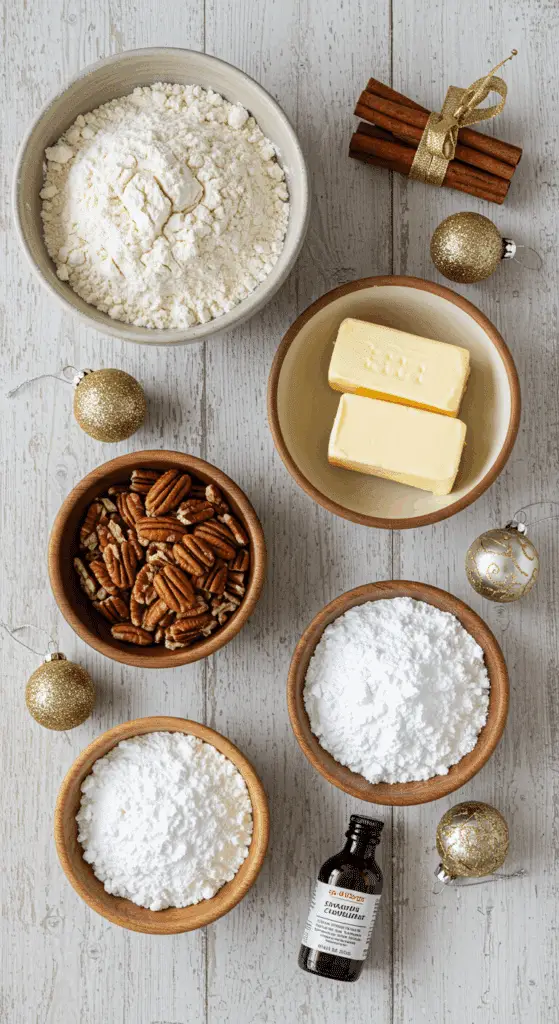 The simple, from-scratch ingredients for the classic and impressive Holiday Snowball Cookies.