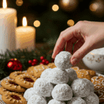 The impressive, homemade platter of powdery and festive Snowball Cookies being served as the centerpiece on a cookie platter at a sophisticated Christmas party.