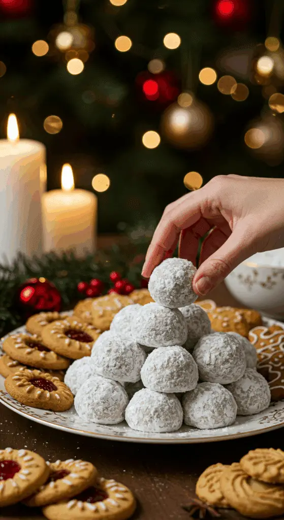The impressive, homemade platter of powdery and festive Snowball Cookies being served as the centerpiece on a cookie platter at a sophisticated Christmas party.
