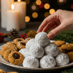 The impressive, homemade platter of powdery and festive Snowball Cookies being served as the centerpiece on a cookie platter at a sophisticated Christmas party.