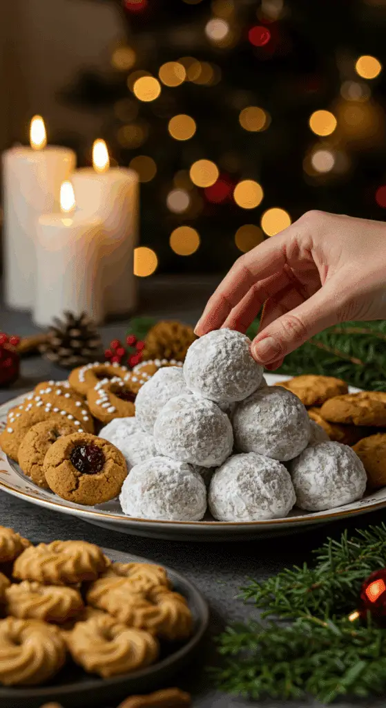 The impressive, homemade platter of powdery and festive Snowball Cookies being served as the centerpiece on a cookie platter at a sophisticated Christmas party.