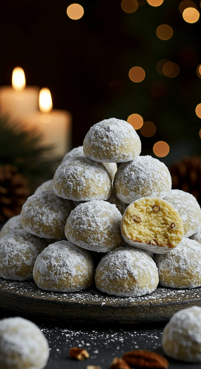 A beautiful, rustic platter of homemade, festive, and powdery Snowball Cookies, with one broken in half to show the tender, buttery, and pecan-studded interior.