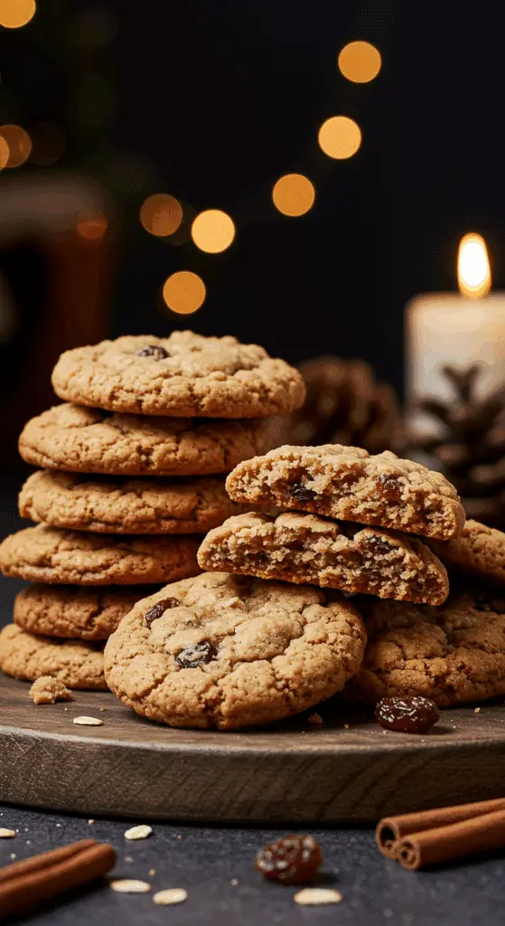 A beautiful, rustic platter of homemade, festive, and chewy "Grandma's" Oatmeal Raisin Cookies, with one broken in half to show the tender, chewy, and moist interior.