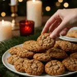 The impressive, homemade platter of beautiful and festive "Grandma's" Oatmeal Cookies being served as the centerpiece on a cookie platter at a sophisticated Christmas party.