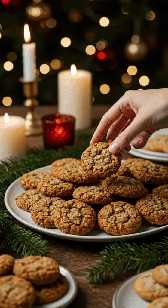 The impressive, homemade platter of beautiful and festive "Grandma's" Oatmeal Cookies being served as the centerpiece on a cookie platter at a sophisticated Christmas party.