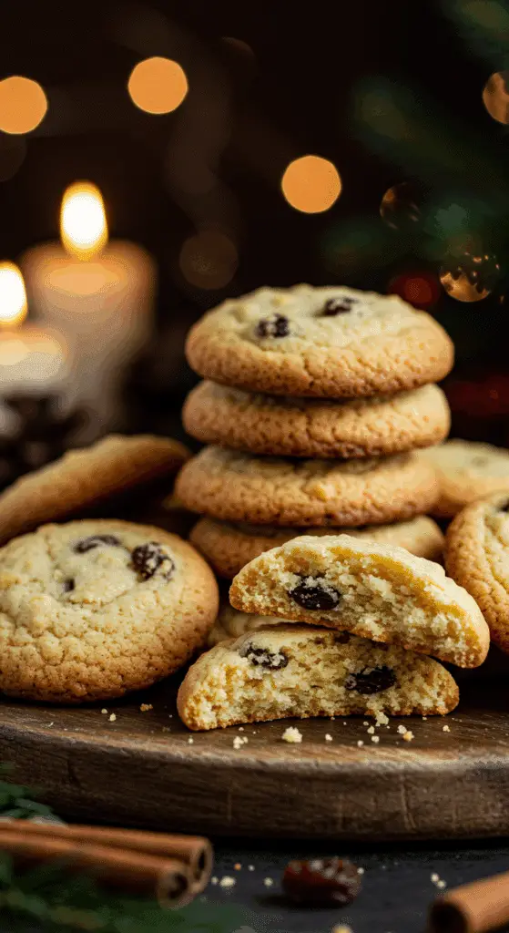 A beautiful, rustic platter of homemade, festive, and soft "Grandma's" Lemon-Raisin Cookies, with one broken in half to show the tender, chewy, and moist interior.