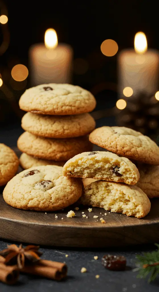 A beautiful, rustic platter of homemade, festive, and soft "Grandma's" Lemon-Raisin Cookies, with one broken in half to show the tender, chewy, and moist interior.