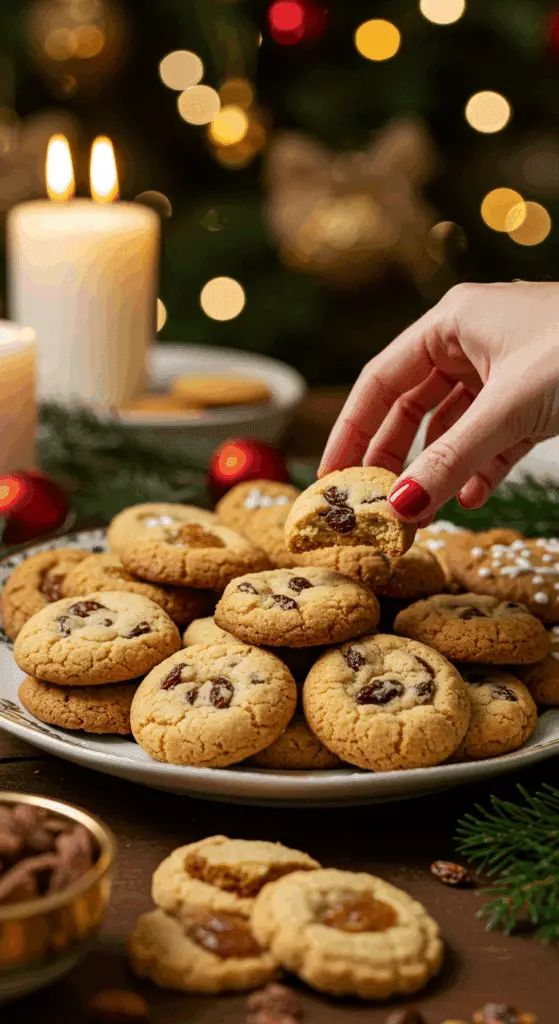The impressive, homemade platter of beautiful and festive "Grandma's" Lemon-Raisin Cookies being served as the centerpiece on a cookie platter at a sophisticated Christmas party.
