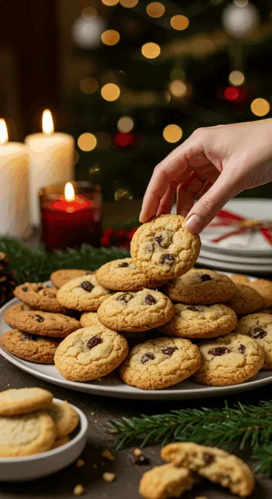 The impressive, homemade platter of beautiful and festive "Grandma's" Lemon-Raisin Cookies being served as the centerpiece on a cookie platter at a sophisticated Christmas party.
