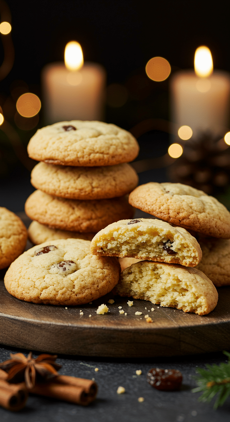 A beautiful, rustic platter of homemade, festive, and soft "Grandma's" Lemon-Raisin Cookies, with one broken in half to show the tender, chewy, and moist interior.