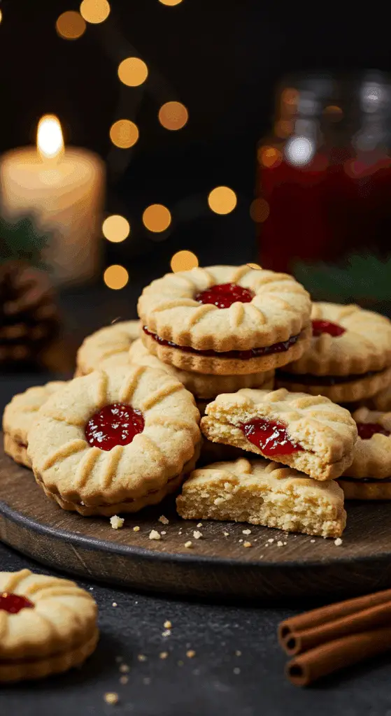A beautiful, rustic platter of homemade, festive, and soft "Grandma's" Strawberry-Filled Cookies, with one broken in half to show the tender, cake-like interior and the jam filling.