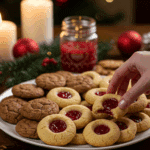 The impressive, homemade platter of beautiful and festive "Grandma's" Strawberry-Filled Cookies being served as the centerpiece on a cookie platter at a sophisticated Christmas party.