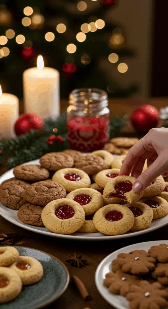 The impressive, homemade platter of beautiful and festive "Grandma's" Strawberry-Filled Cookies being served as the centerpiece on a cookie platter at a sophisticated Christmas party.