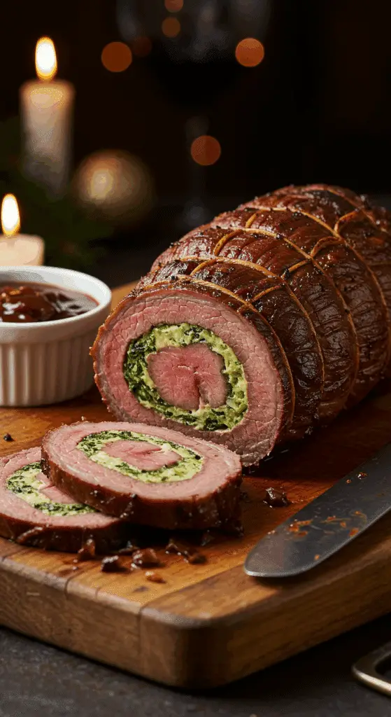A beautiful, rustic cutting board with a homemade, juicy, and impressive Stuffed Beef Tenderloin, with a crispy, dark crust and a beautiful, spinach-stuffed spiral slice cut from the end.
