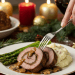 A beautiful plate of a homemade, elegant, and sliced Stuffed Beef Tenderloin, being served with mashed potatoes and roasted asparagus at a holiday dinner.