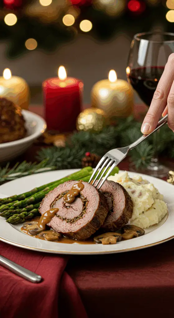 A beautiful plate of a homemade, elegant, and sliced Stuffed Beef Tenderloin, being served with mashed potatoes and roasted asparagus at a holiday dinner.