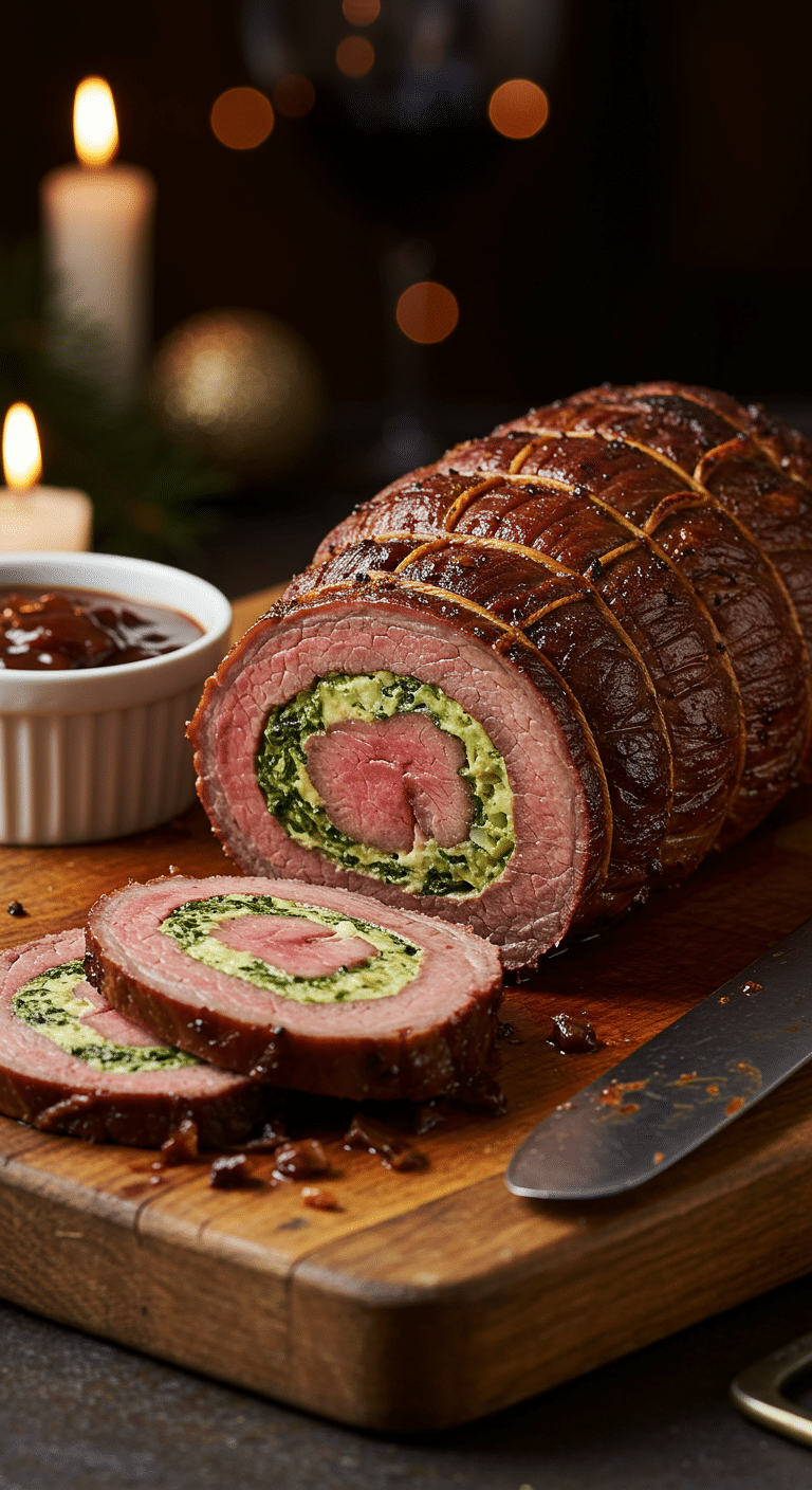 A beautiful, rustic cutting board with a homemade, juicy, and impressive Stuffed Beef Tenderloin, with a crispy, dark crust and a beautiful, spinach-stuffed spiral slice cut from the end.