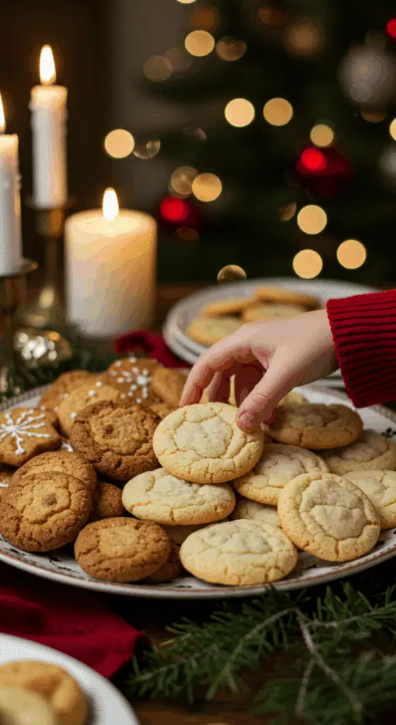 The impressive, homemade platter of beautiful and festive "Grandma Minnie's" Old-Fashioned Sugar Cookies being served as the centerpiece on a cookie platter at a sophisticated Christmas party.