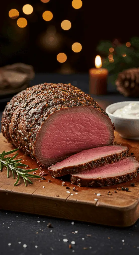 A beautiful, rustic cutting board with a homemade, juicy, and impressive Christmas Roast Beef, with a crispy, dark anchovy-mustard crust and a perfect, rosy-pink, medium-rare interior.
