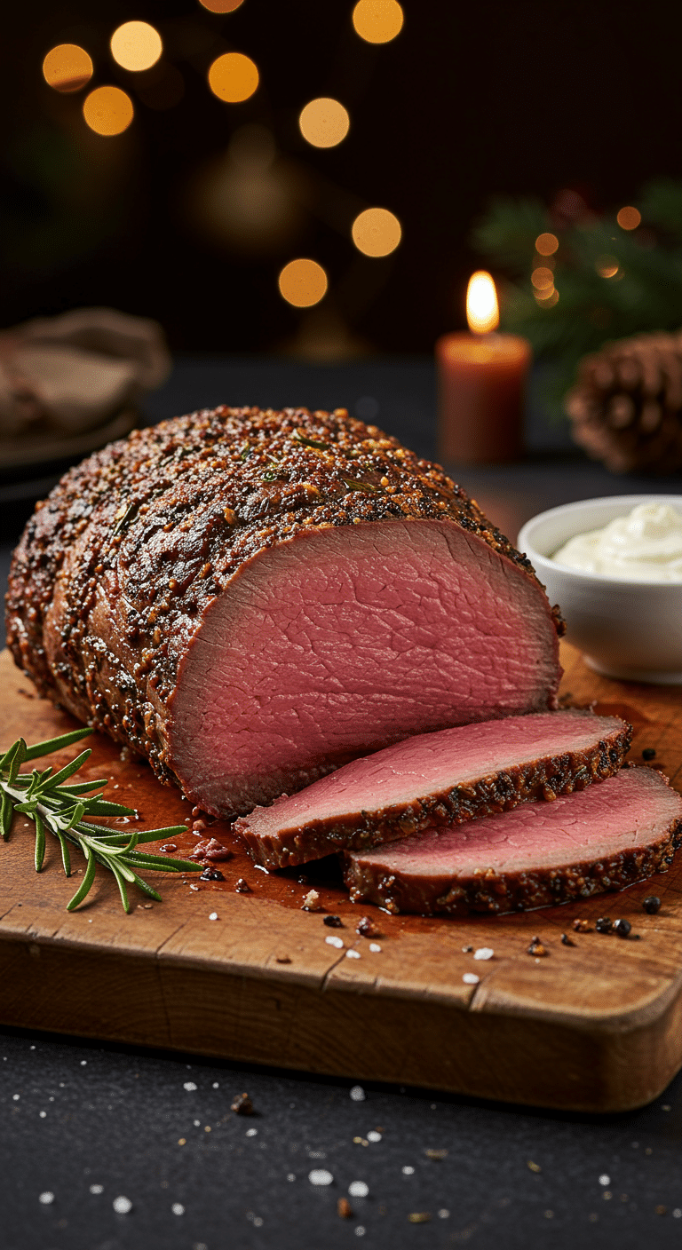 A beautiful, rustic cutting board with a homemade, juicy, and impressive Christmas Roast Beef, with a crispy, dark anchovy-mustard crust and a perfect, rosy-pink, medium-rare interior.