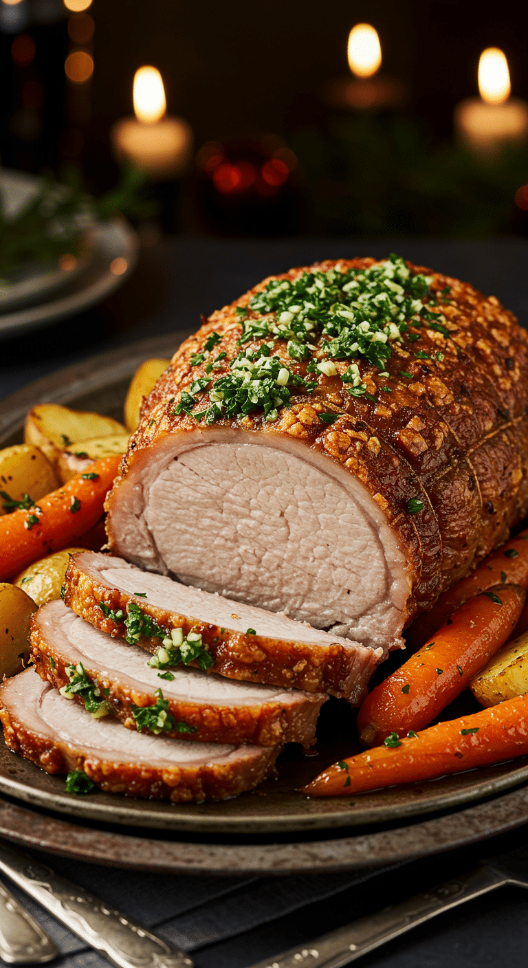 A beautiful, rustic platter with a homemade, juicy, and impressive Slow-Cooker Pork Roast, with a crispy, herb crust and a juicy, pinkish-white interior, served on a bed of roasted root vegetables.