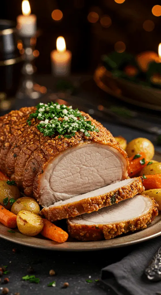 A beautiful, rustic platter with a homemade, juicy, and impressive Slow-Cooker Pork Roast, with a crispy, herb crust and a juicy, pinkish-white interior, served on a bed of roasted root vegetables.