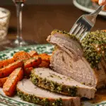 A beautiful plate of a homemade, elegant, and sliced Slow-Cooker Pork Roast, being served with caramelized root vegetables and a fresh herb topping at a Sunday dinner.