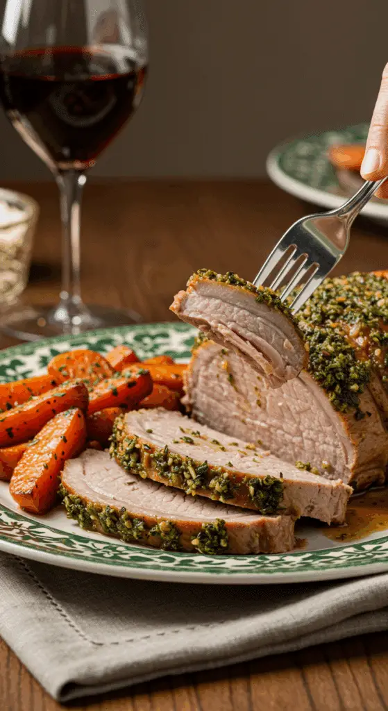 A beautiful plate of a homemade, elegant, and sliced Slow-Cooker Pork Roast, being served with caramelized root vegetables and a fresh herb topping at a Sunday dinner.