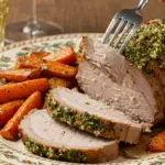 A beautiful plate of a homemade, elegant, and sliced Slow-Cooker Pork Roast, being served with caramelized root vegetables and a fresh herb topping at a Sunday dinner.