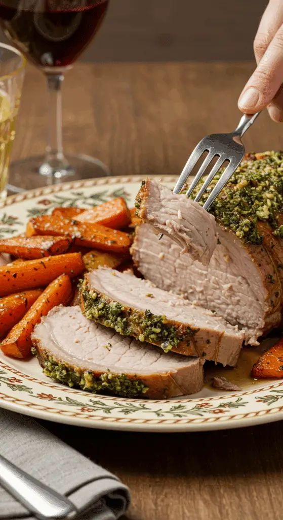 A beautiful plate of a homemade, elegant, and sliced Slow-Cooker Pork Roast, being served with caramelized root vegetables and a fresh herb topping at a Sunday dinner.