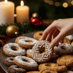 The impressive, homemade platter of beautiful and festive Traditional Springerle cookies being served as the centerpiece on a cookie platter at a sophisticated Christmas party.