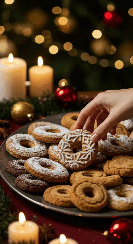 The impressive, homemade platter of beautiful and festive Traditional Springerle cookies being served as the centerpiece on a cookie platter at a sophisticated Christmas party.